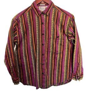 Vintage Mens 1993 Q Jeans Wear Cotton Button-Up Shirt Striped Multicolor Medium